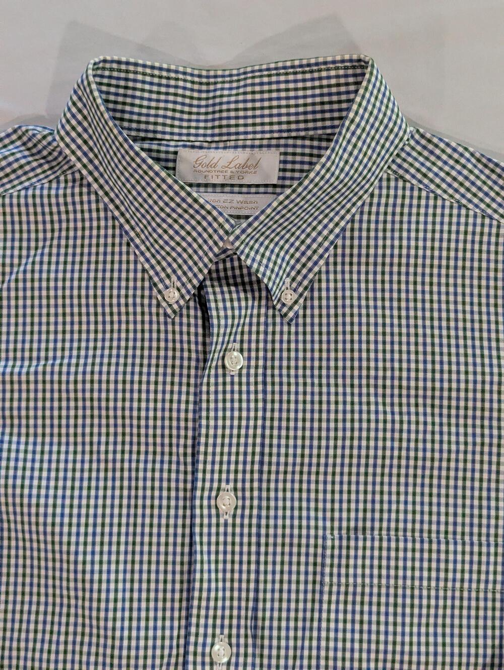 Roundtree & Yorke Shirt Mens 17 34/35 Blue Gingham Long Sleeve Non-Iron Dress